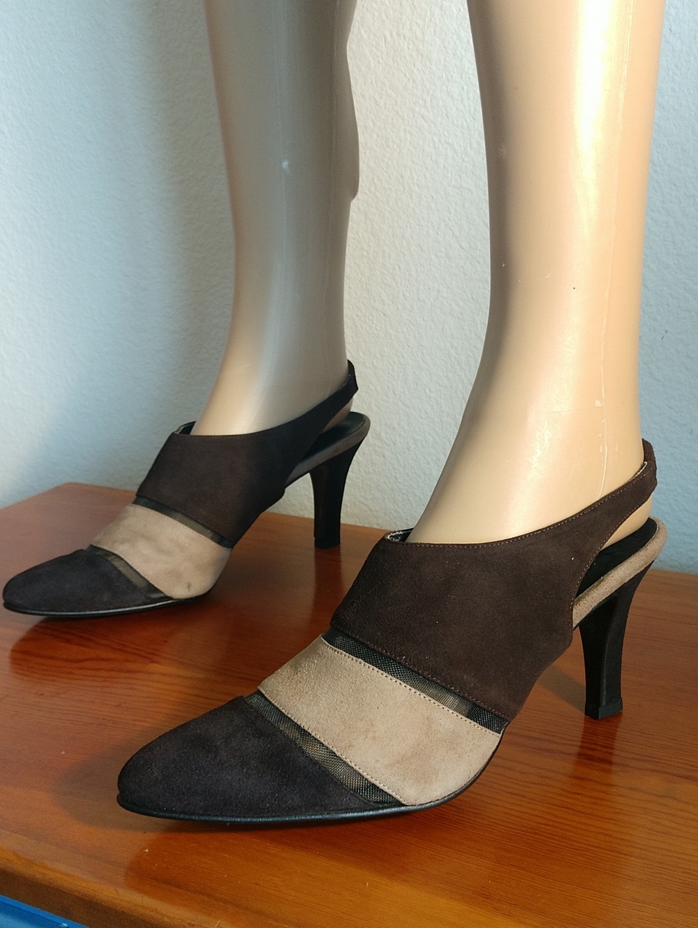 J.Renee Two-Tone Brown and Taupe Suede Slingback Heels